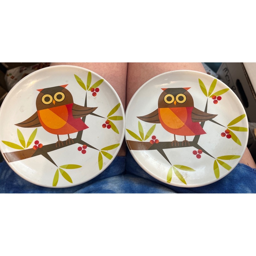 Signature Housewares‎ Orange Owl Stoneware Appetizer Plates Set of 2 MCM 6 Inch